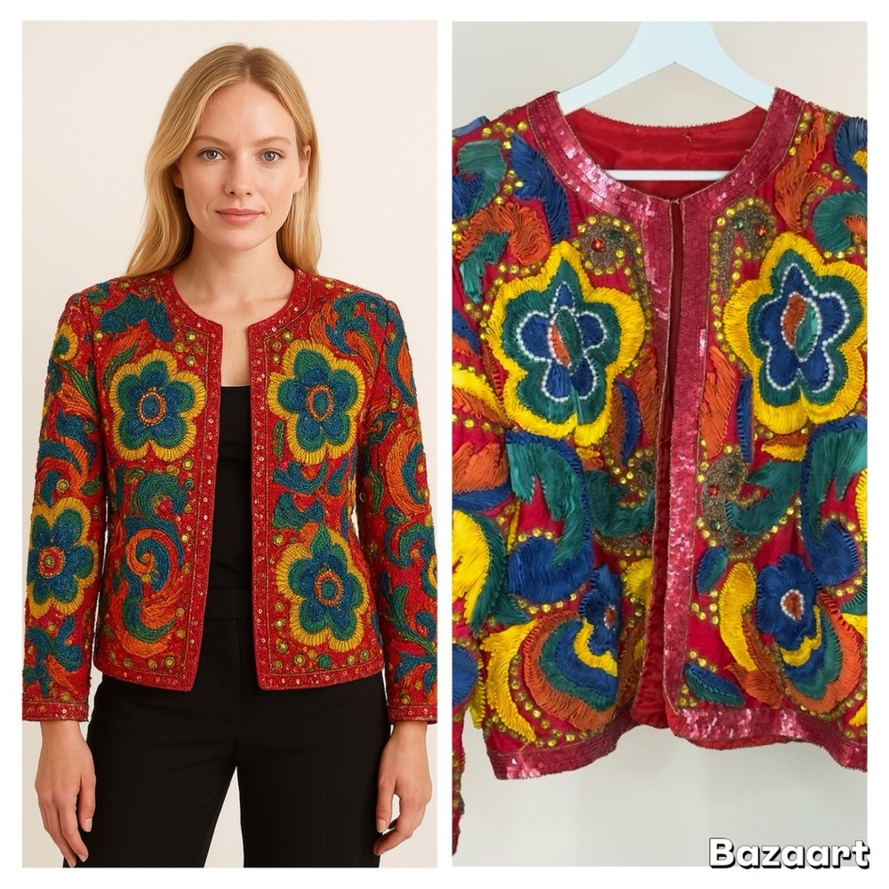 NEW Designer Sample Embroidered Jacket Colorful Boho Floral Statement Sz M
